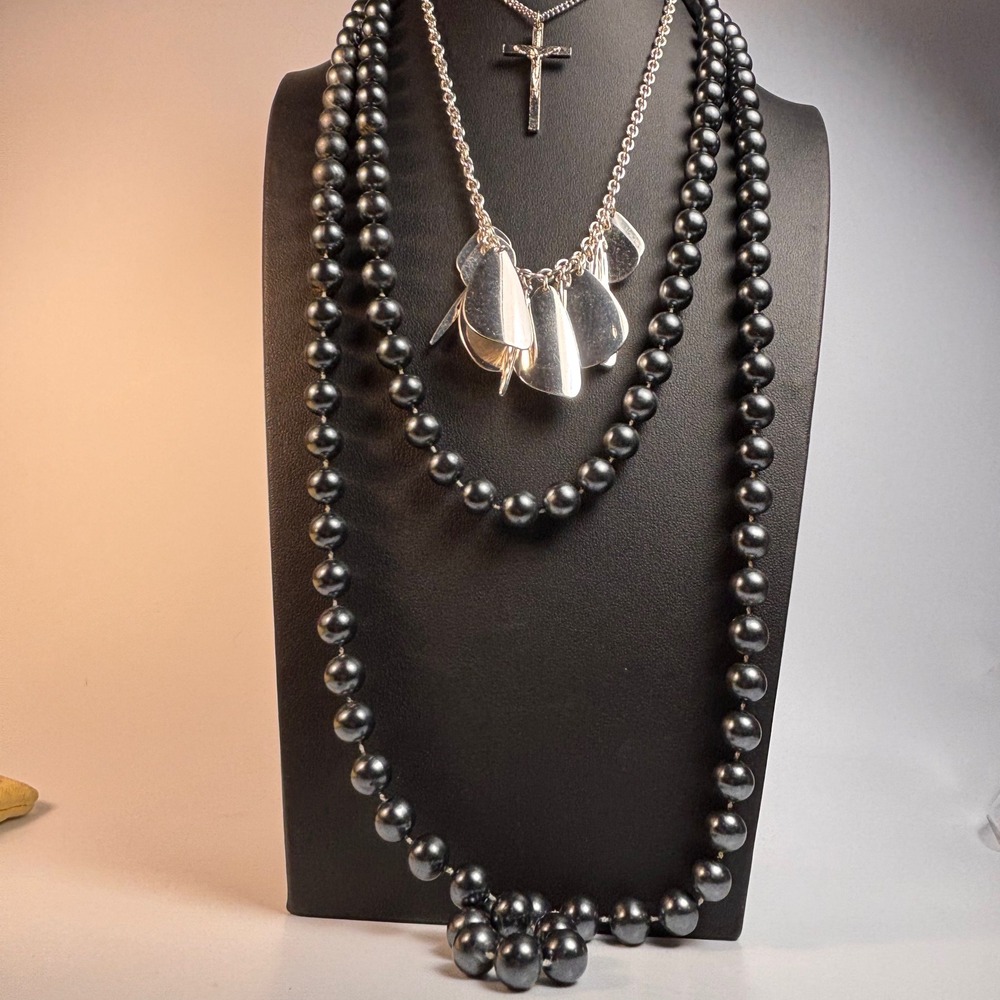 Layered Necklaces Grey Faux Pearl Cross Teardrop Goth Whimsygoth Dark Academia